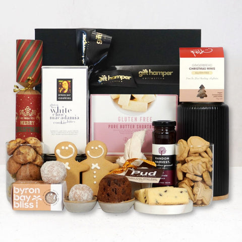 Gluten free christmas hamper with gift hamper collective box on white background.