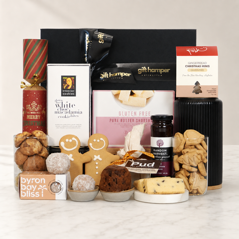 Gluten free christmas hamper with gift hamper collective box on white background.